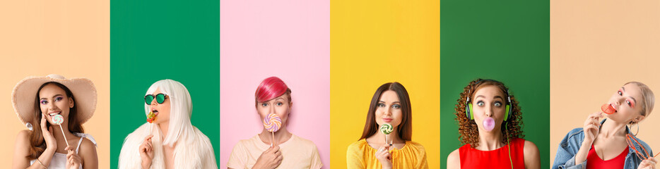 Collage of many beautiful women with sweets on color background
