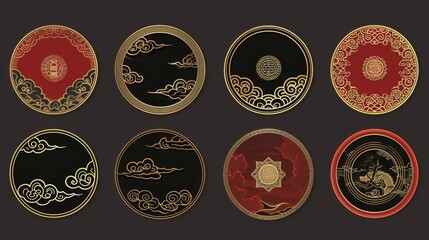 Vector set of chinese round frames with oriental clouds. Asian art, border, knot for new year...