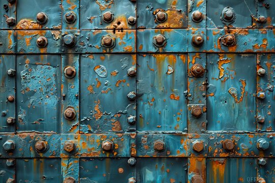 Photo of a rusty door with rivets and bolts.