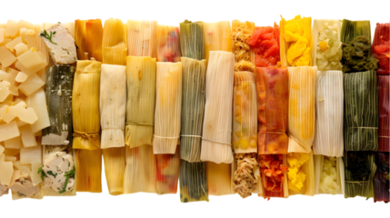  A vibrant assortment of pork, chicken, and veggie tamales neatly arranged in a colorful pattern on a, transparent background