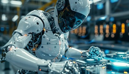 Fototapeta premium Humanoid robot meticulously assembling electronics on an assembly line with precise movements. 