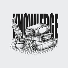 a black and white drawing of a book with the word knowledge written on it.