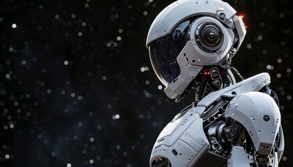 Fototapeta premium Humanoid robot on a cosmic black background. Global robotic astrophysics research for unveiling celestial mysteries.