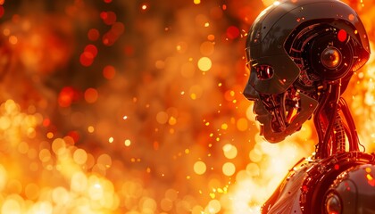 Humanoid robot on a fiery red-orange background. Global robotic firefighting and rescue for enhanced emergency response