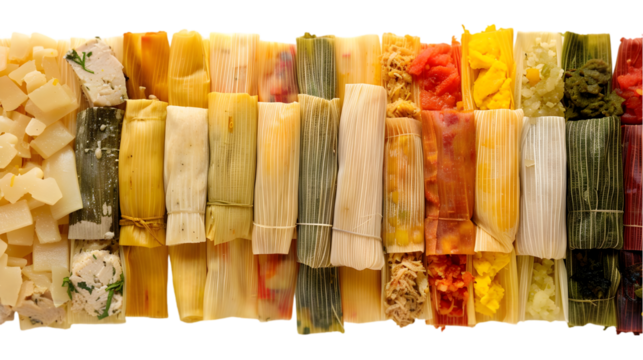  A vibrant assortment of pork, chicken, and veggie tamales neatly arranged in a colorful pattern on a, transparent background