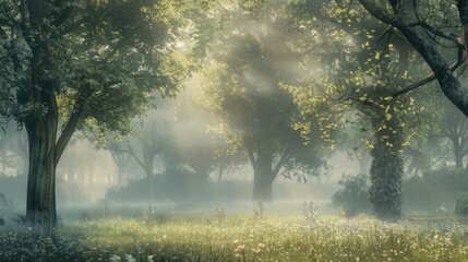 Wisps of morning fog enveloping a tranquil forest glade, a serene haven untouched by time.