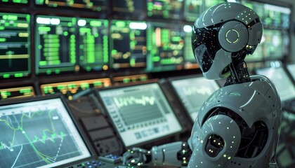 Fototapeta premium Humanoid robot managing air traffic control at a major hub, flawlessly guiding modern aviation.