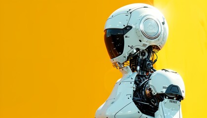 Humanoid robot on a brilliant sunshine yellow background. Global robotic renewable energy harnessing for a sustainable future.