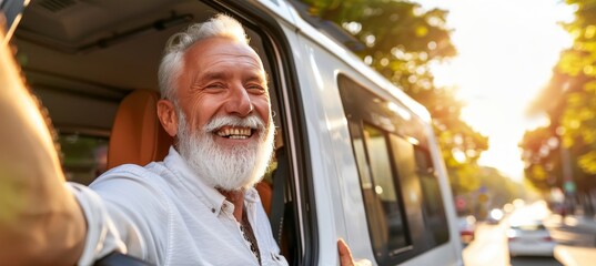 Elderly individual joyfully observing scenery through train window during travel