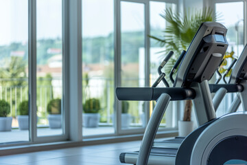 A state-of-the-art fitness center equipped with modern exercise equipment and panoramic windows...
