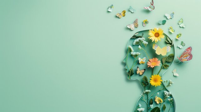 Cardboard silhouette of human head decorated with flowers and butterfly on mint background World mental health day concept Vertical banner Copy space