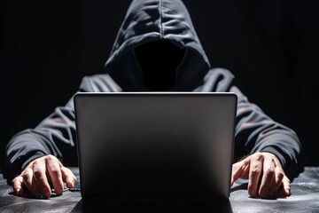 Cyber criminal at computer executing dark web hacking scheme to breach system security