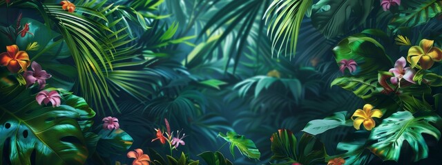 A lush, tropical background with palm leaves and exotic flowers.