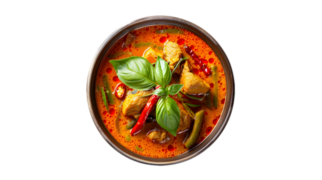  A vibrant bowl of red curry garnished with fresh basil leaves and chili peppers, resting, transparent background