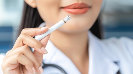 Close up portrait of a young woman smoking a cigarette, highlighting health risks