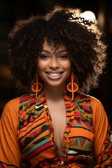 Radiant Afro Woman in Colorful Dress Smiling