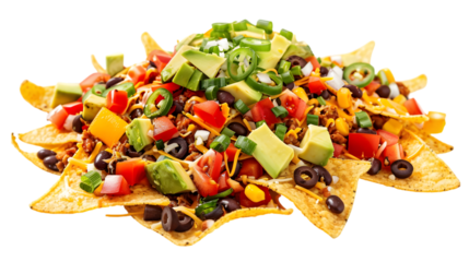  A vibrant composition of cheesy nachos topped with refried beans, avocado, and scallions, transparent background