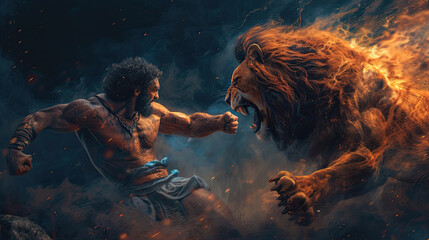 Illustration about the myth of Hercules and the Nemean lion.