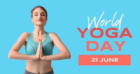 Banner for World Yoga Day with young meditating woman