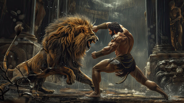 Illustration about the myth of Hercules and the Nemean lion.