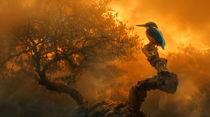 Kingfisher perching on a bioluminescent Tree of Life during a sandstorm, mystical and dramatic wildlife scene