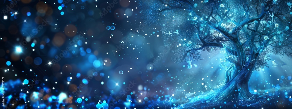 Poster a mystical, enchanted tree background with glowing elements and magical creatures.