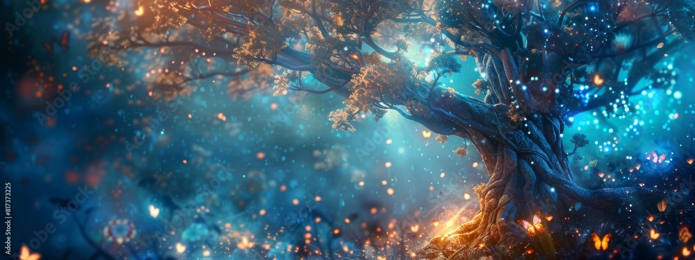 Poster a mystical, enchanted tree background with glowing elements and magical creatures.