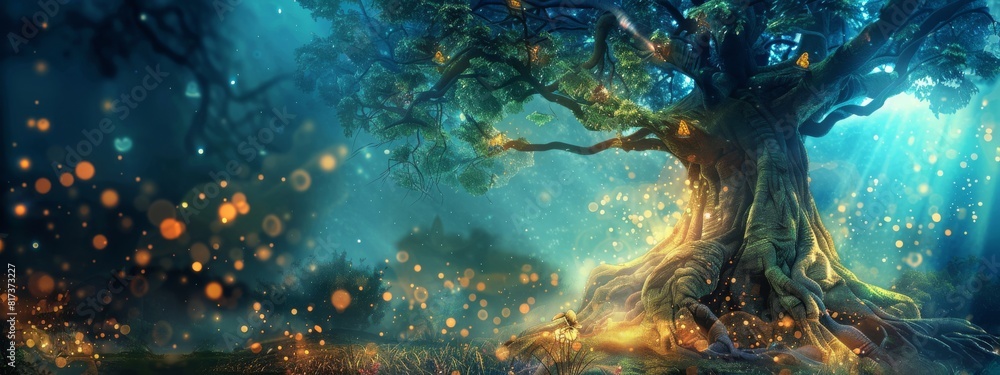 Poster a mystical, enchanted tree background with glowing elements and magical creatures.
