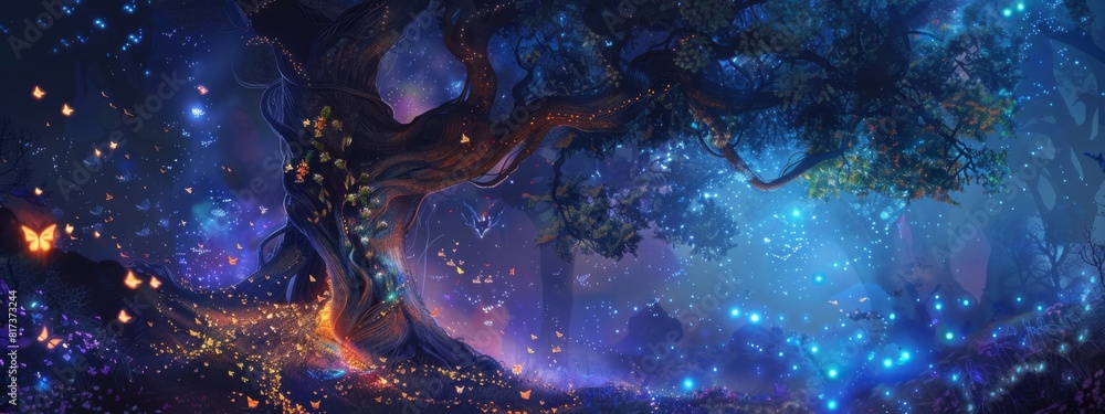 Poster a mystical, enchanted tree background with glowing elements and magical creatures.