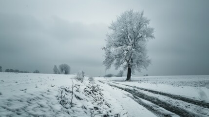 Lonely tree at off-road in the winter