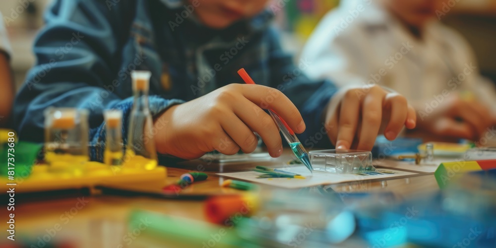 Poster close up of smart children hands learning about science by using toy in stem science lesson. skilled