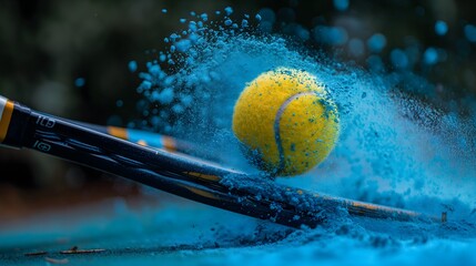 Macro detail of a yellow tennis ball hitting a racket, blue powder - Powered by Adobe