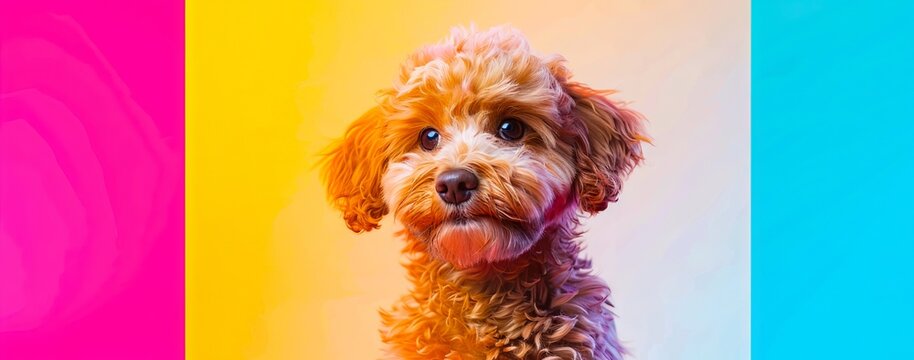 A dog is looking at the camera with a colorful background.