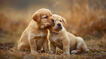 Two labrador puppies sitting in the grass.