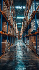 Fototapeta premium front view of boxes in a warehouse on pallet racks 3