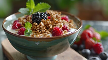 Close-up of a bowl with yogurt, granola, raspberries and blueberries