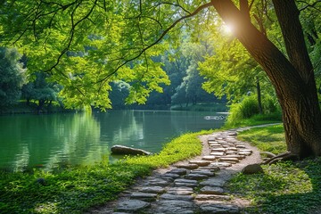 Beautiful colorful summer spring natural landscape with a lake in Park surrounded by green foliage of trees in sunlight and stone path in foregroundhigh