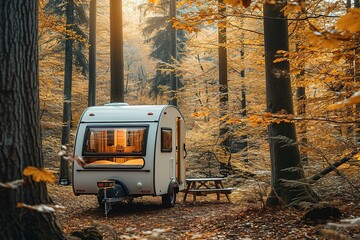 Cozy Trailer of mobile home or recreational vehicle stands n the forest in camping in fall near table set, concept of family local travel in home country on caravan or camper, camping life