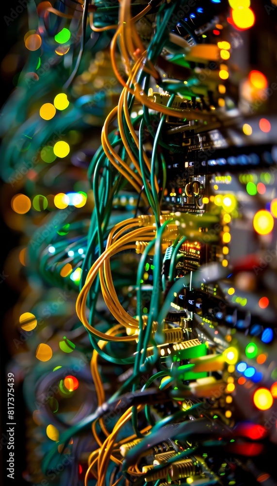 Poster network panel and switches with cables in data center room for efficient data management