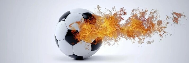 Soccer ball engulfed in flames, embers symbolize intense competition, igniting fervor