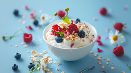Close-up of fresh raspberries with yogurt and mint for a healthy breakfast or snack