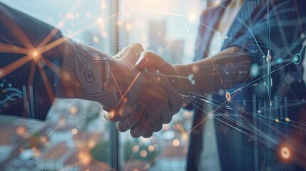 Business handshake with digital interface overlay