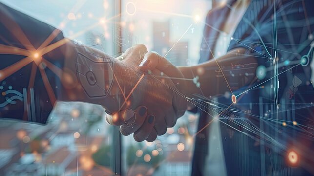 Business handshake with digital interface overlay