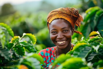 black woman smiling, collecting tea on a tea plantation, national clothes, label, tea business card, Rwanda, Africa