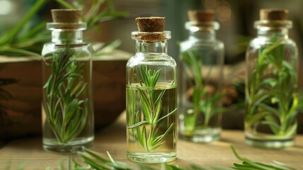 Essential oil of tarragon in a bottle. Selective focus. realistic
