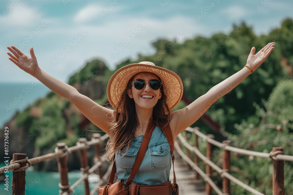 Wall mural happy travel woman on vacation concept. funny traveler enjoy her trip and ready to adventure