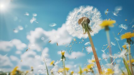 Obraz premium Dandelion flower with seeds flying away by wind at blue sky landscape background