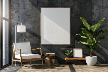 Black wall with empty photo frame, wooden chair, and plant