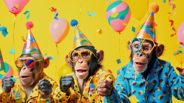 Creative animal concept. Group of monkey in funky Wacky wild mismatch colourful outfits isolated on bright background advertisement, copy space. birthday party invite invitation banner