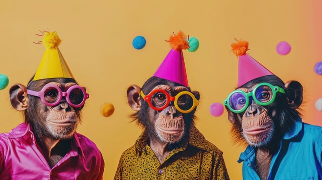 Creative animal concept. Group of monkey in funky Wacky wild mismatch colourful outfits isolated on bright background advertisement, copy space. birthday party invite invitation banner